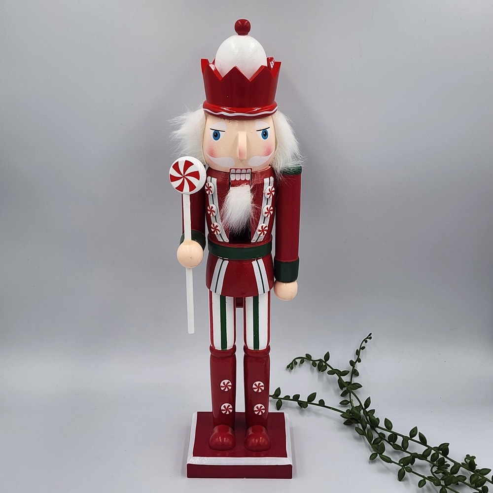 Red Green Candy Guard Soldier Nutcracker Peppermint Wood Christmas Decor 14" NEW